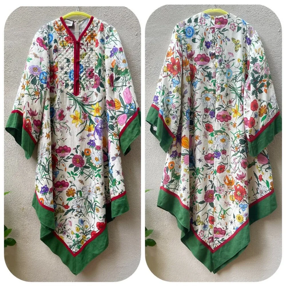 Authentic Gucci Ivory Grosgrain-trimmed paneled asymmetric floral Kaftan Dress